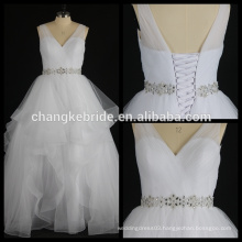 Real Photos V neck Beaded Crystal Wedding Dress A-line White Pleats Ball Gown Lace Up Back